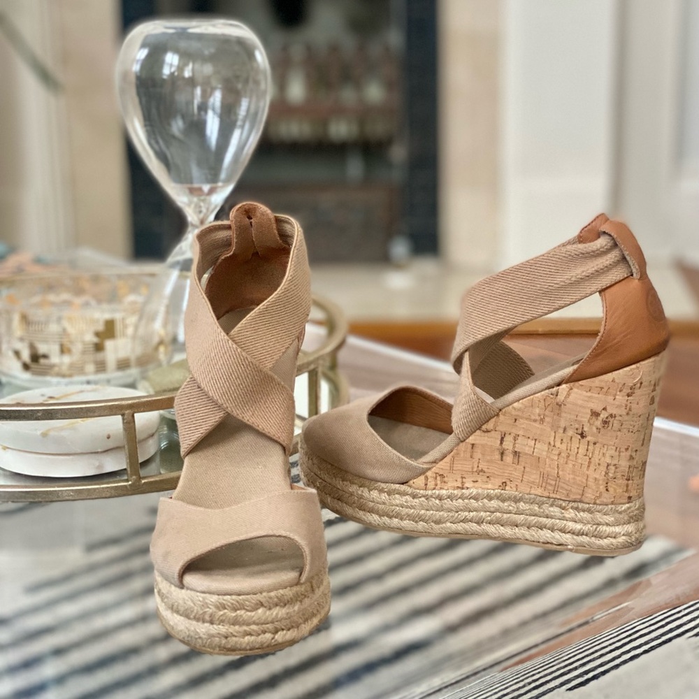 Tory Burch - Nude Cork/Espadrille Criss Cross Wedge Sandal